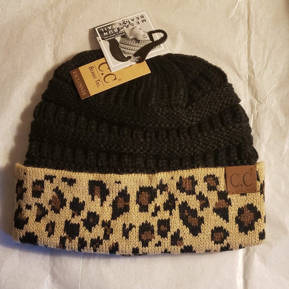 Black with Leopard Cuff Messy Bun Beanie